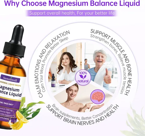 Miniatura 3 de Gotas líquidas de magnesio de 1500 mg de alta absorción, suplemento cerebral para concentrarse en la memoria, sueño, sin azúcar, vegano, 2.04 onzas