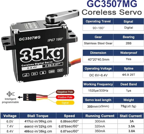 Miniatura 2 de GOTECK - Servo digital sin núcleo de 77.2 lbs, gran par de 8.4 V, engranaje de metal completo IP67, servo de dirección impermeable con servo bocina