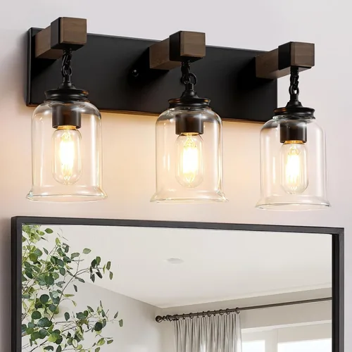 VbiTmn Lámparas de Baño Estilo Granja, Lámpara de Tocador de Baño de 3 Luces Negro Mate, Estilo Industrial con Pantallas de Vidrio Transparente,