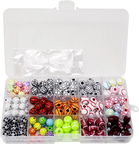 Honbay 15 estilos de cuentas redondas de acrílico para deportes, baloncesto, tenis, voleibol, béisbol, rugby, fútbol, cuentas para hacer pulseras,