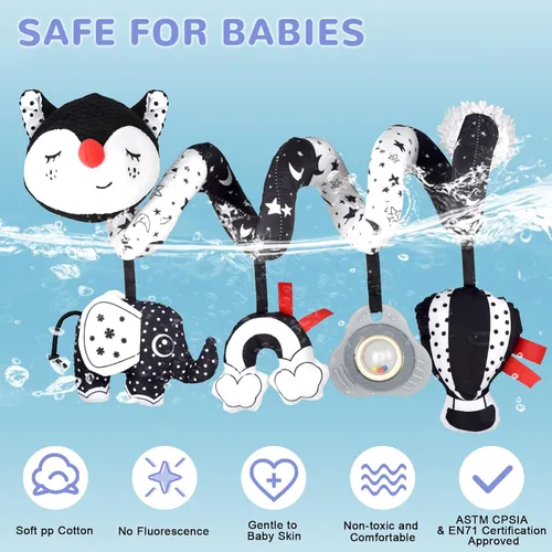 Miniatura 7 de XIXILAND Juguetes de Coche Musicales para Asiento de Bebé en Negro y Blanco, Juguetes para Bebés, Juguetes para Niños de 0 a 6 Meses, Juguetes