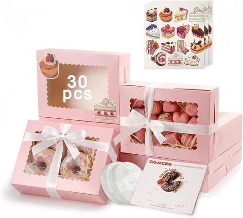 Miniatura 13 de OAMCEG Paquete de 30 cajas de galletas con ventana, 8 x 6 x 2.5 pulgadas, cajas de panadería para regalos de Navidad, postres, donas, pasteles