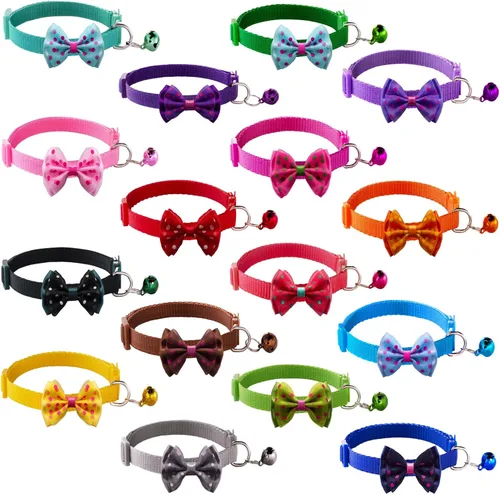 16 piezas de lindos collares para gatos con campanas - Collares separables para niñas y gatitos pequeños - Rosa, diseño de moño - Accesorios para