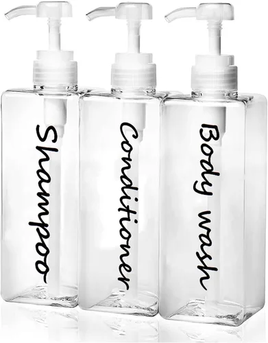 Miniatura 10 de Dispensador de champú – Botellas recargables de champú y acondicionador (transparente, juego de 3, 21 onzas) – Botellas de champú modernas