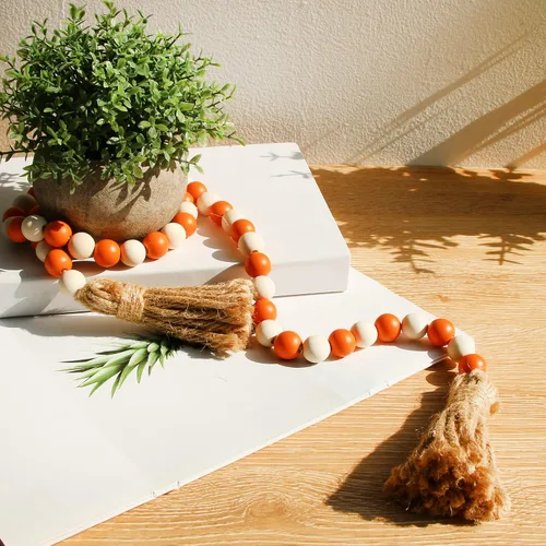 Miniatura 2 de Meplait Guirnalda de cuentas de madera de otoño, cuentas de granja de 39 pulgadas con borlas, bandeja escalonada de Halloween, cuentas decorativas