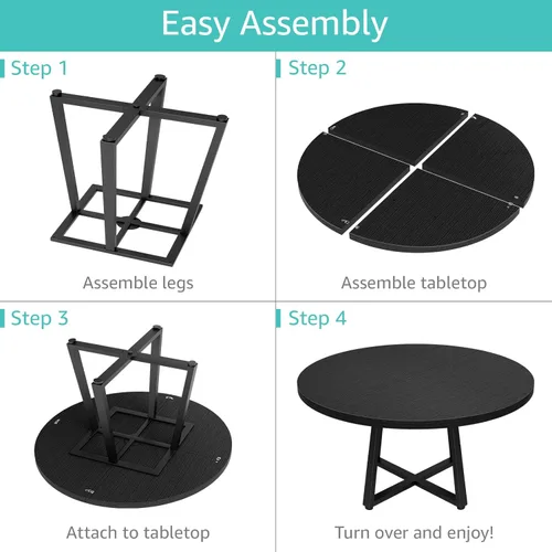 Miniatura 9 de NUTIKAS Mesa de comedor redonda de 42 pulgadas para 4, moderna mesa de cocina de grano de madera negra con patas cruzadas de metal, mesa de comedor