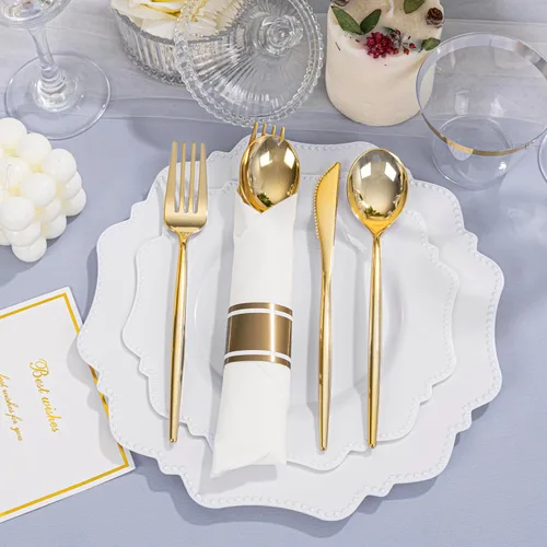 Miniatura 2 de COLOSUS Juego de cubiertos dorados desechables de 350 piezas de plástico blanco para fiesta: 50 platos de cena, 50 platos de postre, 50 servilletas