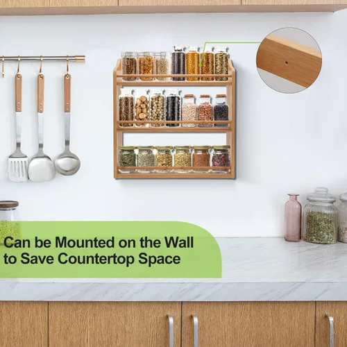 Miniatura 4 de Estante de Bambú de 3 Niveles para Especias, Estante Organizador de Frascos de Condimentos para Montaje en Pared o Encimera de Cocina