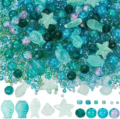 Miniatura 17 de SUNNYCLUE 1 Caja 540 piezas Kit de Cuentas Oceánicas Vidrio Verano Pez Estrella de Mar Dijes Azul Hawaii Animales Marinos Dije Cuentas de Semillas