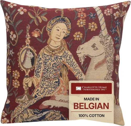 Miniatura 7 de Charlotte Home Furnishings - Funda de almohada para sofá de 16 x 16 pulgadas, funda de almohada decorativa roja Dama y Unicornio, tapiz medieval
