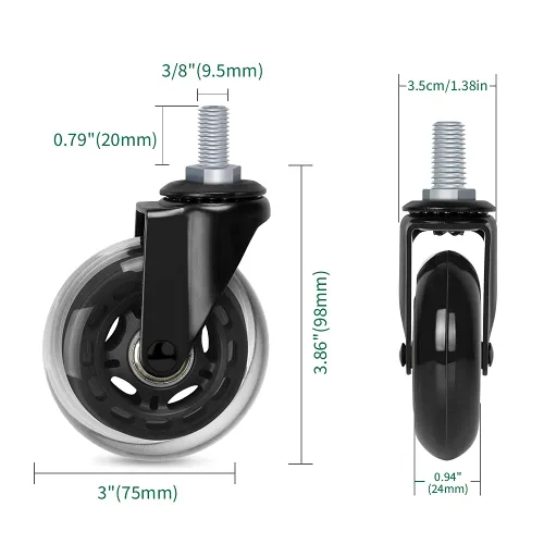 Miniatura 3 de 8T8 Ruedas giratorias para silla de oficina de 3 pulgadas de servicio pesado, juego de 5, 3/8"-16x1 (no métricas M10), ruedas giratorias de vástago