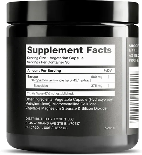 Miniatura 2 de Toniiq Bacopa - Extracto de ultra alta potencia 45:1 con 75% de bacosidos - altamente concentrado - probado en laboratorio de terceros - 90 cápsulas