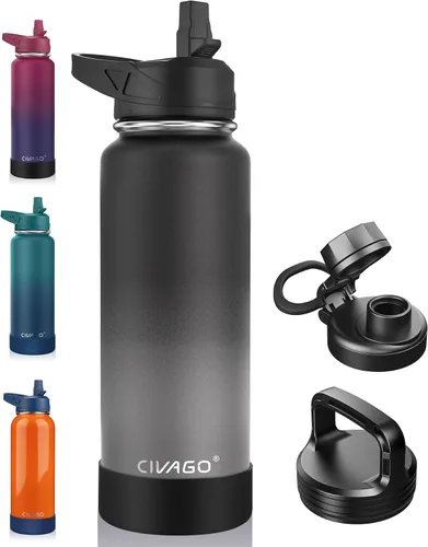 Miniatura 59 de CIVAGO Botella de agua aislada de 22 onzas con pajita, frasco de agua deportiva de acero inoxidable con 3 tapas