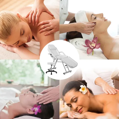 Miniatura 7 de Roixeeds Silla de tatuaje de 3 secciones, cama de masaje profesional ajustable, silla de cama de tatuaje con taburete de spa y gancho para toalla