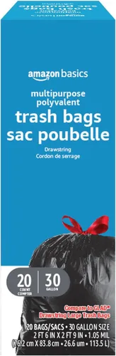 Amazon Basics - Bolsas de basura multiusos con cordón, 30 galones, 20 unidades, paquete de 1