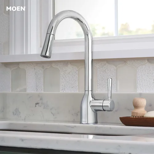 Miniatura 9 de Moen Adler Grifo de fregadero de cocina cromado de un solo mango con arco alto y fuerza de limpieza, llave de cocina moderna con rociador extraíble