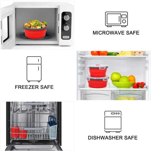 Miniatura 5 de Guyuyii Paquete de 4 Cuencos Plegables de Silicona con Tapas - Recipientes Redondos Anidables de Almacenamiento de Alimentos para Camping, RV y Rojo