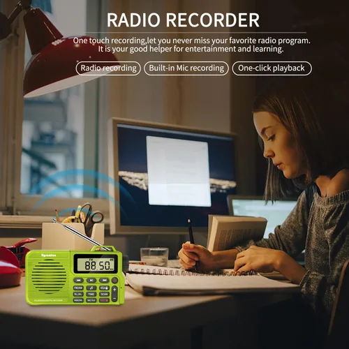 Miniatura 9 de Radio AM/FM portátil, grabadora de radio digital, altavoz Bluetooth 5.0, función de alarma y sueño, pantalla de hora de 12/24 horas (amarillo verde)