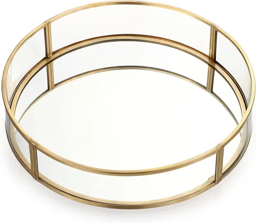 Miniatura 8 de ELLDOO Bandeja decorativa de vidrio redondo dorado, bandeja de joyería de espejo de metal de 9.9 pulgadas, organizador de perfume de maquillaje
