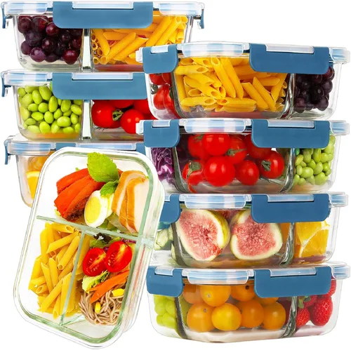 Miniatura 11 de HOMBERKING - Paquete de 8 contenedores de vidrio para preparación de comidas, 3 compartimentos, contenedores de vidrio para almacenamiento