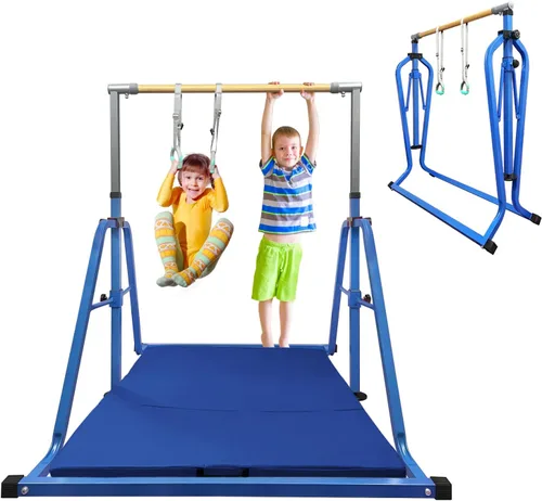 Miniatura 13 de GLANT Barra de gimnasia para niños con juego de anillos, 7 alturas ajustables, fácil de plegar, barra de entrenamiento de gimnasia para niños