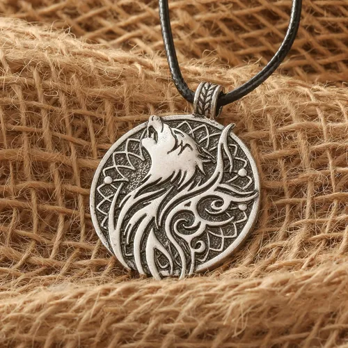 Miniatura 4 de HAQUIL Collar de lobo, colgante redondo de medallón de lobo, cordón de piel sintética, regalo de joyería de lobo para hombres
