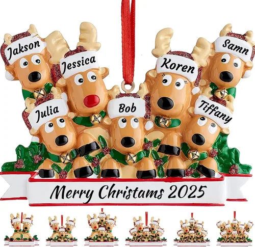 Miniatura 8 de Adorno personalizado de ciervo para árbol de Navidad, familia de 2,3,4,5,6,7,8 nombres, lindo reno de Papá Noel, decoración de Navidad 2025, regalo