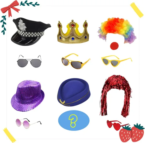 Miniatura 2 de Juego de 21 piezas de accesorios divertidos para cabina de fotos para adultos, varios disfraces, sombreros, gafas de sol divertidas, kits de cabina