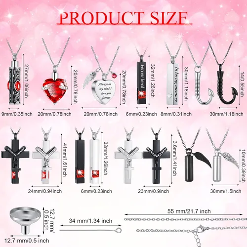 Miniatura 12 de 16 piezas de collar de urna para cenizas, medallón de cenizas talladas de acero inoxidable impermeable con 8 kit de relleno, cilindro de corazón