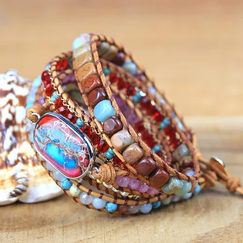 Miniatura 6 de ZOSOJONA Pulsera envolvente para mujer, estilo bohemio, con cuentas de cristal de jaspe natural, Cuero, Ágata