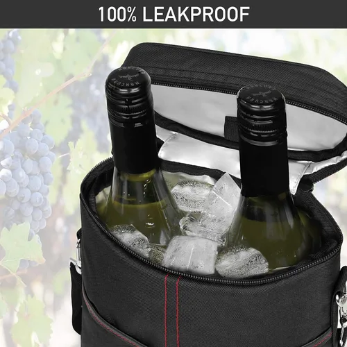 Miniatura 5 de opux - Bolsa de transporte para 2 botellas de vino, bolsa aislada y a prueba de fugas para vino, bolsa de vino para viajes, ideal para picnic, BYOB