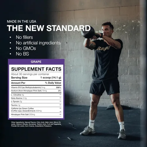 Miniatura 4 de RAW Essential - Polvo preentrenamiento (Uva) - Suplemento deportivo de Chris Bumstead para hombres y mujeres - Polvo energético preentrenamiento