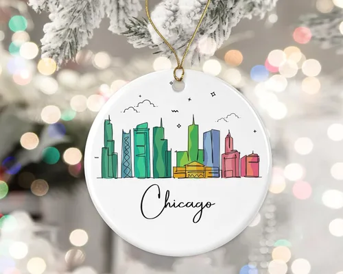 Adorno de la ciudad de Chicago, adorno de Navidad de la ciudad de Chicago, adorno de Navidad de puntos de referencia, gráfico colorido del horizonte