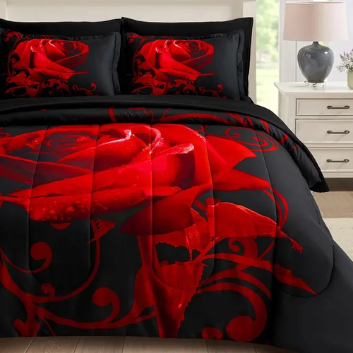 Miniatura 8 de WONGS BEDDING - Juego de edredón azul tamaño Queen de 7 piezas, juego de ropa de cama en una bolsa con patrón de rosas, juegos de ropa de cama