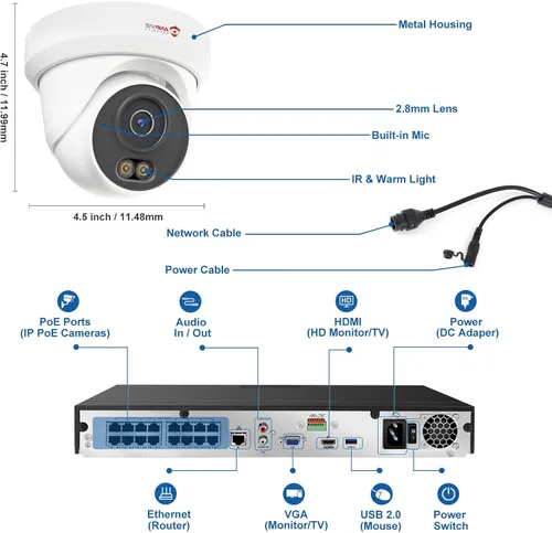Miniatura 8 de Anpviz Sistema de cámara de seguridad PoE de 16 canales, 8 cámaras de torreta IP con cable de 5 MP para exteriores, visión nocturna, micrófono