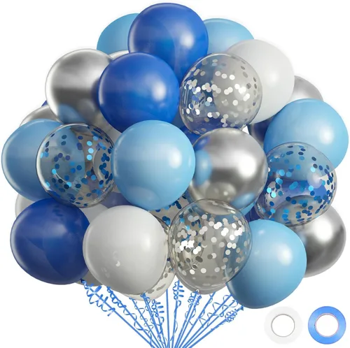 OuMuaMua Kit de 62 globos de confeti azul, plateado y blanco, globos blancos de 12 pulgadas, globos plateados metálicos, globos de confeti plateado