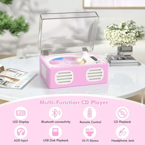 Miniatura 6 de Reproductor de CD portátil de entrada/salida Bluetooth, reproductor de CD retro con altavoces de alta fidelidad, lindos reproductores de CD