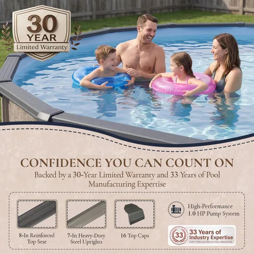Miniatura 6 de Blue Wave Riviera - Piscina redonda de 24 pies y 54 pulgadas de profundidad sobre el suelo con asientos superiores de resina, verticales de acero