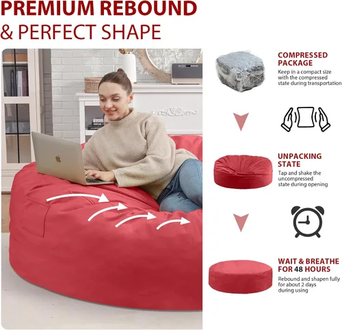 Miniatura 280 de Puf de 5 pies, puf grande con relleno de espuma viscoelástica, sofá puff esponjoso con funda de terciopelo holandés, puf redondo para sala de estar