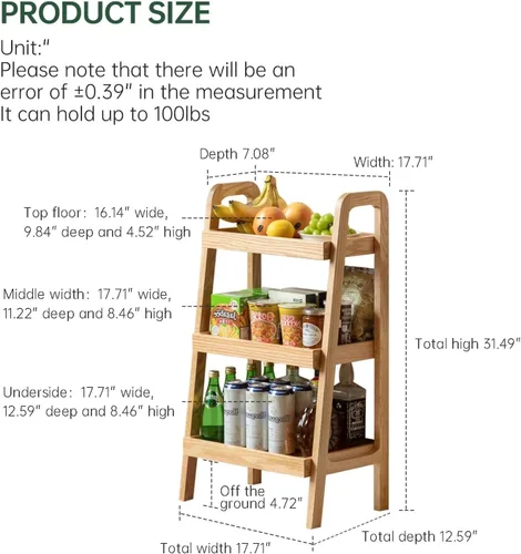 Miniatura 2 de Estante de escalera de 3 niveles de roble macizo 100% para ahorrar espacio, estantería pequeña con marco estable, estantes de escalera