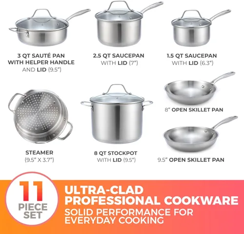 Miniatura 4 de Mueller Juego de ollas y sartenes de 11 piezas, Ultra-Clad Pro Juego de utensilios de cocina de acero inoxidable, ergonómico y mango de acero Zafiro