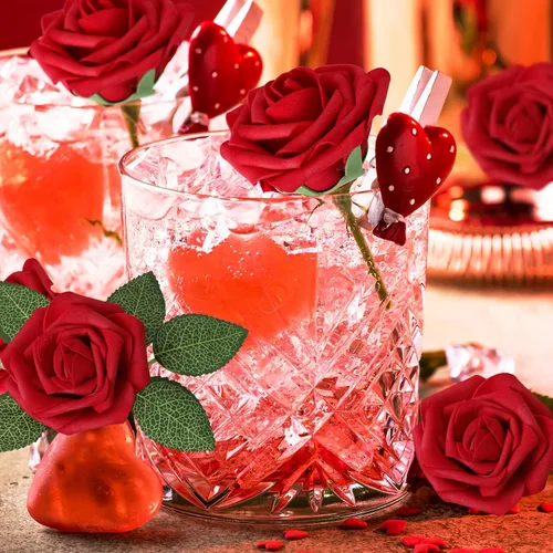 Miniatura 7 de AmyHomie Flores artificiales rosas rojas, 25 rosas falsas de aspecto real con tallo para ramos de boda, centros de mesa, arreglos de fiesta, baby