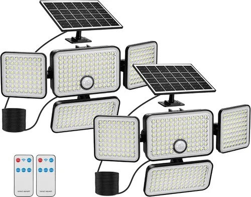 Miniatura 12 de 1 reflector solar de 3000 lm para exteriores con panel solar mejorado, 4 luces con sensor de movimiento de cabeza, luz de inundación con cable