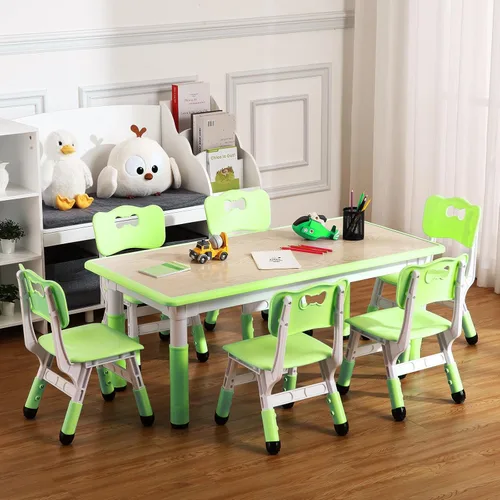 Miniatura 11 de Juego de mesa y silla para niños, altura ajustable, mesa de artes y manualidades y juego de 6 sillas para edades de 2 a 10 años, máximo 300 libras