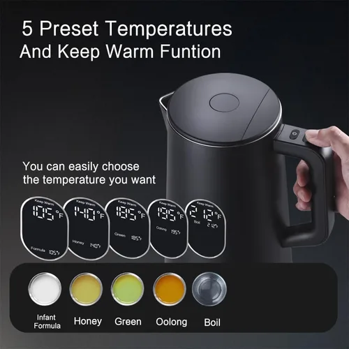 Miniatura 3 de Hervidor eléctrico de acero inoxidable de 1.5 L, tetera de doble pared de tacto fresco, hervido rápido, control preciso de temperatura, pantalla