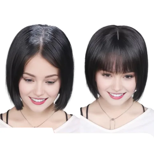 Miniatura 2 de Anemone Peluca de cabello humano con clip para mujer, con flecos de aire 3D, base de poliuretano invisible para cabello fino y cuero cabelludo Negro