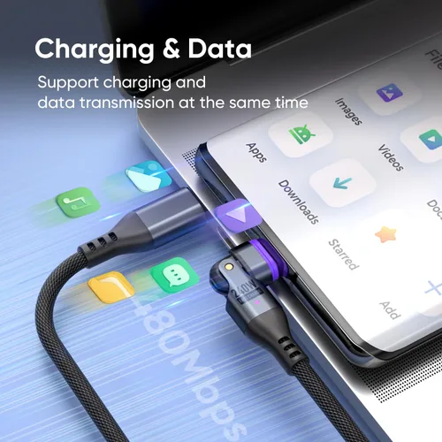 Miniatura 6 de Cable de carga magnético de 240 W, cable de datos magnético USBC a USB C giratorio de 180°, cable de carga rápida para teléfono micro USB