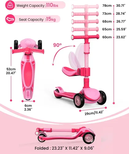 Miniatura 7 de Patinete ajustable 2 en 1 para niños de 3 a 5 años (adecuado de 3 a 12 años), manillar de 5 niveles y asiento extraíble, ruedas con luces LED, Rosa