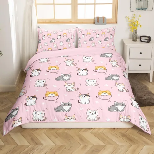 Miniatura 29 de Erosebridal Juego de funda de edredón con diseño de gato y fresa, tamaño individual, diseño de caricaturas, arcoíris, con temática de animales