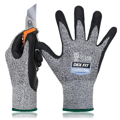 DEX FIT Guantes Cru553 resistentes a cortes extremos Level 5 delgados, con agarre de potencia antideslizante, ajuste cómodo 3D de grado profesional,